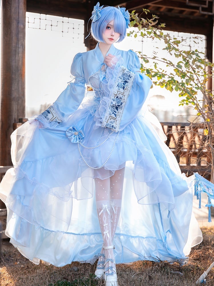 Skirt Lolita Available Set Top High-low Waist + Boned Sizes Blue Plus Princess Full