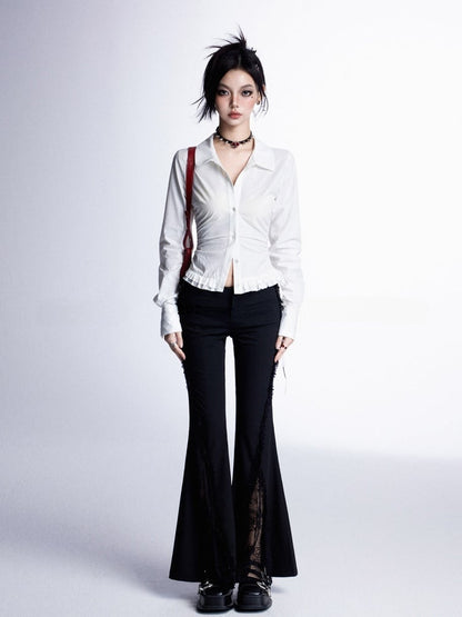 シャツ ホワイト ルーシュウエスト フリル裾 スリムフィット