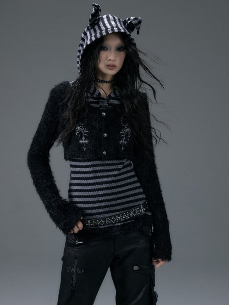 Fake Zweiteiler Schwarz-Grau gestreiftes Top mit Dobermannohr