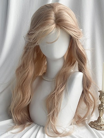 カーテンバングス付きブロンドロングウェーブウィッグ