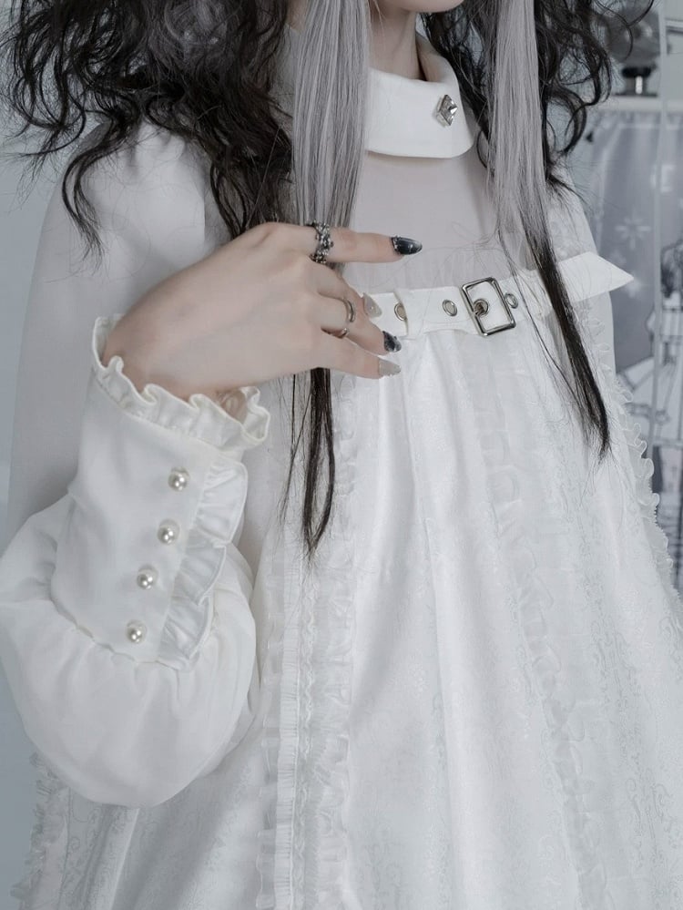 White Gothic Lolita Pleated Dress with Round Collar, Lace and Bowknot Accents - Kuroya