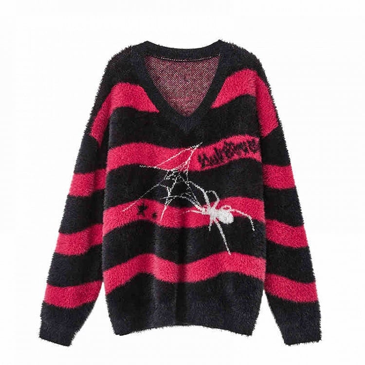 Black Punk Sweater Spider Red V-neck and Striped
