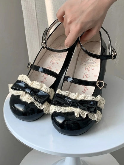Mid with Trim Lace Lolita Heels and Mary - Sweet Details Jane for Heart Buckle Black Bow