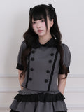 Gray Jirai Kei Double-Breasted Short Sleeve Top with Ruffle Details - No Genki