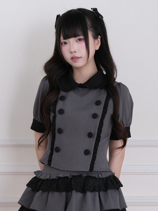 Gray Jirai Kei Double-Breasted Short Sleeve Top with Ruffle Details - No Genki