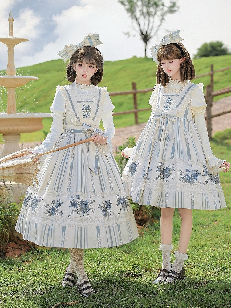 Blue & White Striped Floral Embroidered JSK Set with Knit Top, Belt & KC - With PUJI