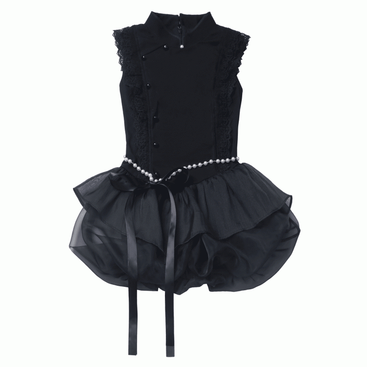 Perlenrockkette mit schwarzem Cheongsam-Stil, Stehkragen, Minikleid, Bubble-Taille