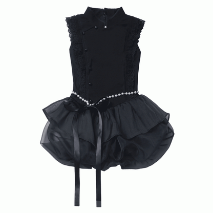 Rock mit schwarzem Cheongsam-Stil, Stehkragen, Minikleid, Kettentaille, Perlenbesetzte Blase