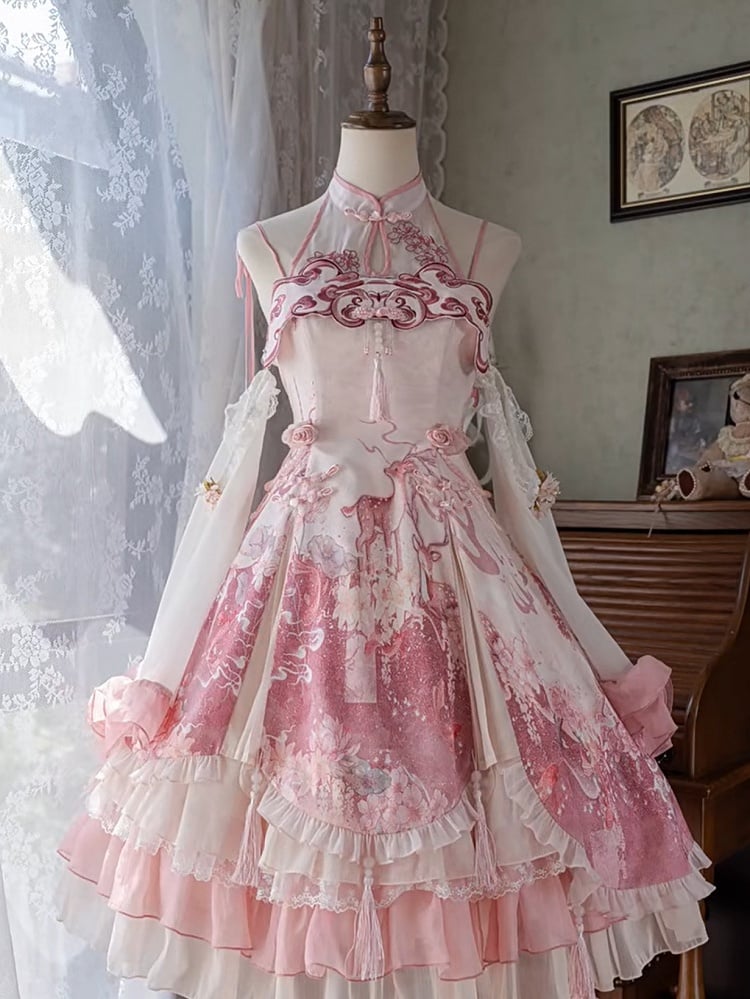 Cheongsam Print Jumper Full Style Rock Lolita Sakura Set Kleid Qi Pink