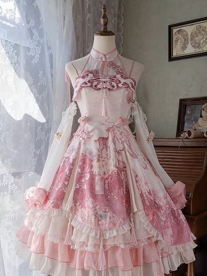 Cheongsam Print Jumper Full Style Rock Lolita Sakura Set Kleid Qi Pink