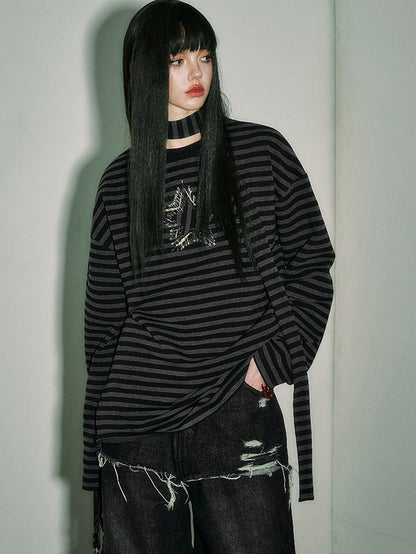 Punk Star Black Striped Top Pins Sleeves and Loose Gray Long
