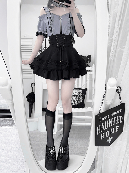 Tiered Skirt Black and Jirai Kei Heart Buckles Lace-up Front Back