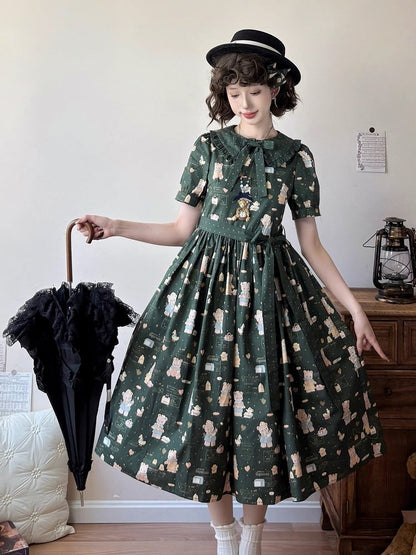 Bear Sleeves Long Dark Sweet Dress Print Version Lolita Short Green