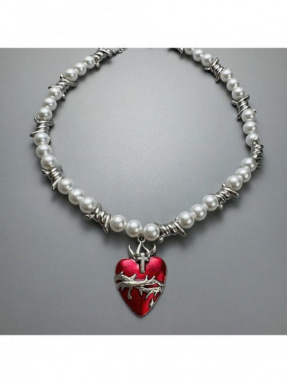 White & Red Y2K Heart Pendant with Pearl Charm - YSHXS