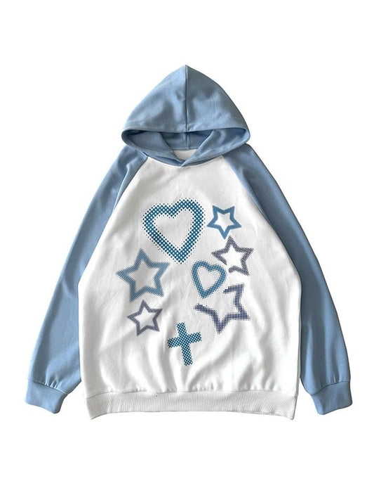 Blue-White Hoodie with Cross & Heart Print - Alita26SS