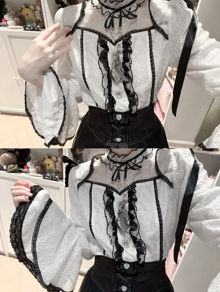 Kei Lace White Contrast Trim Blouse Black Neckline with Illusion Sleeve Jirai Bell