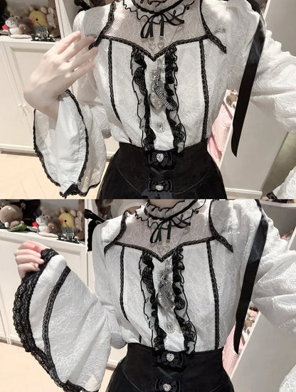 Kei Lace White Contrast Trim Blouse Black Neckline with Illusion Sleeve Jirai Bell