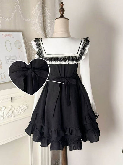 Black Jirai Print Design White Lace Bow Decor Dress and with Trim Ruffle Long-Sleeve Kei