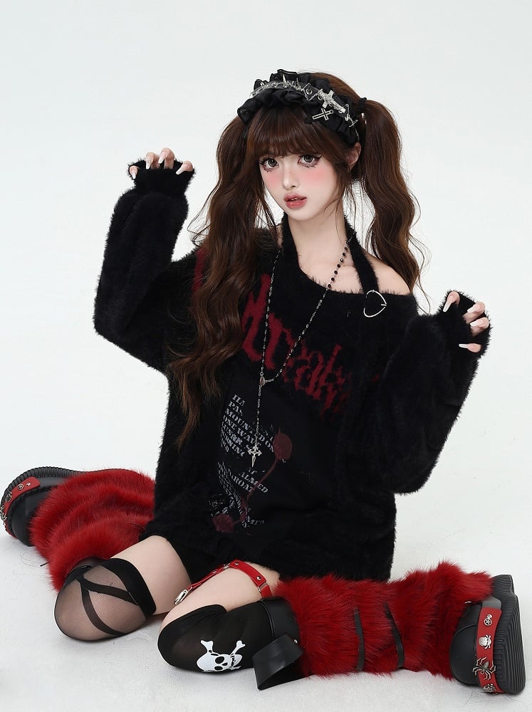 Black/Wine Red/Purple Letter Graphic Halter Neck Loose Sweater