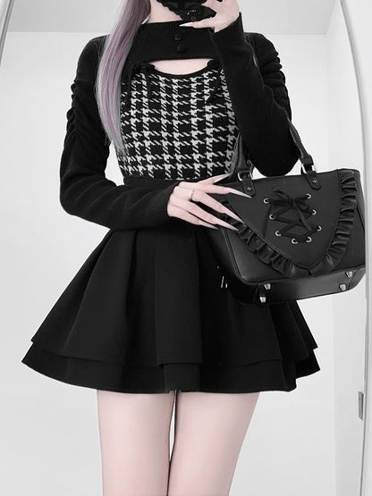 Mature Edgy Style Black Houndstooth in Sweater Open-Front | Landmine Knit