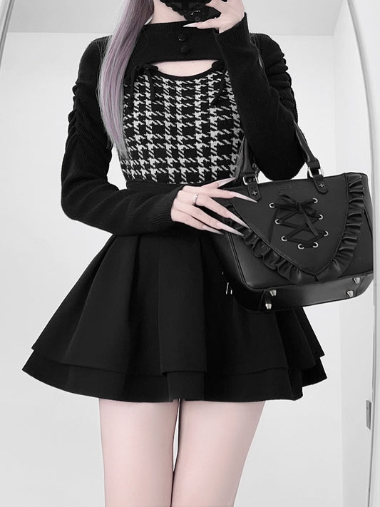 Mature Edgy Style Black Houndstooth in Sweater Open-Front | Landmine Knit