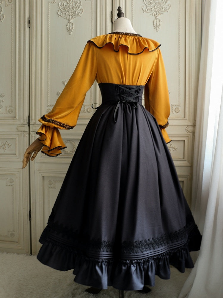 Pumpkin Orange Lace-up Structured Ruffles V-neck Long-Sleeve Blouse