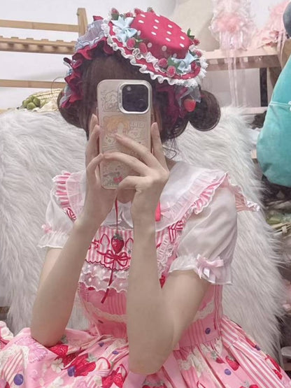 Hat Strawberry Lolita Polka-dot Sweet Mini Lace Bow Red