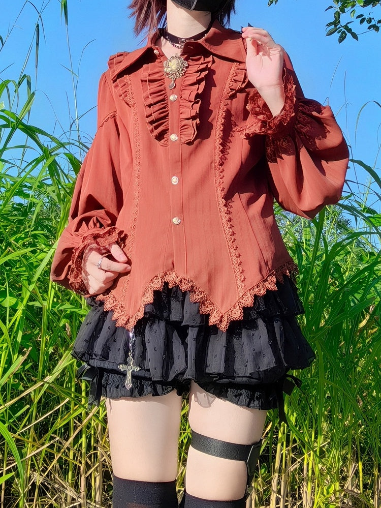 コーヒー色のエレガントなポインテッドカラーの長袖シャツ