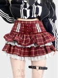 Tiered Plaid Skirt with Lace Trim and Patchwork - ReddaChic