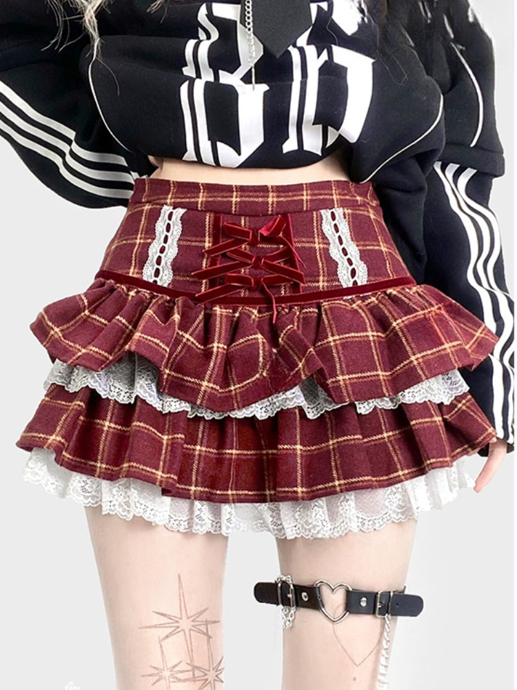Tiered Plaid Skirt with Lace Trim and Patchwork - ReddaChic