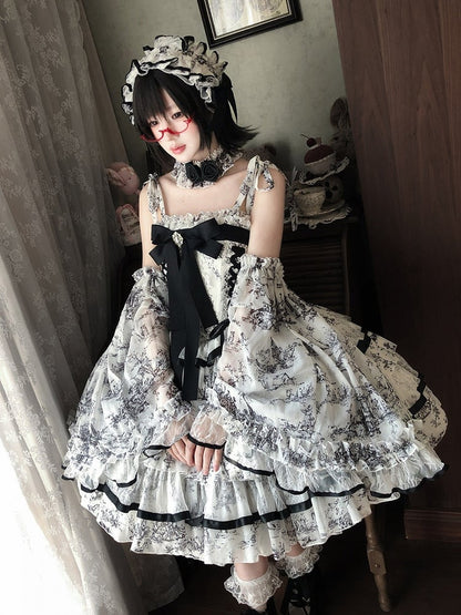 Elegant Hanayome-Style Black & White Porcelain-Inspired 92CM-Length Lolita Princess Dress - Sleepless Star