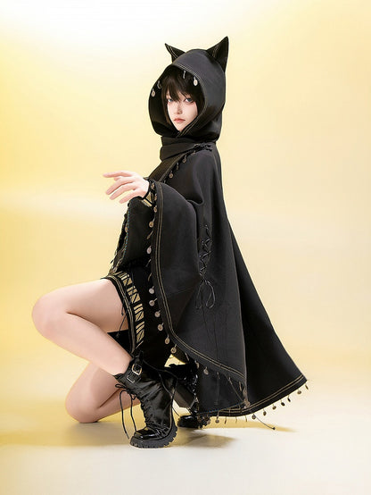 ファッションキャットハイロー耳裾（洗濯機洗い不可、ブラック王子）ケープフード付き