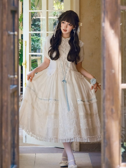 White Peter Pan Collar Lolita Long Dress with Lace and Embroidery