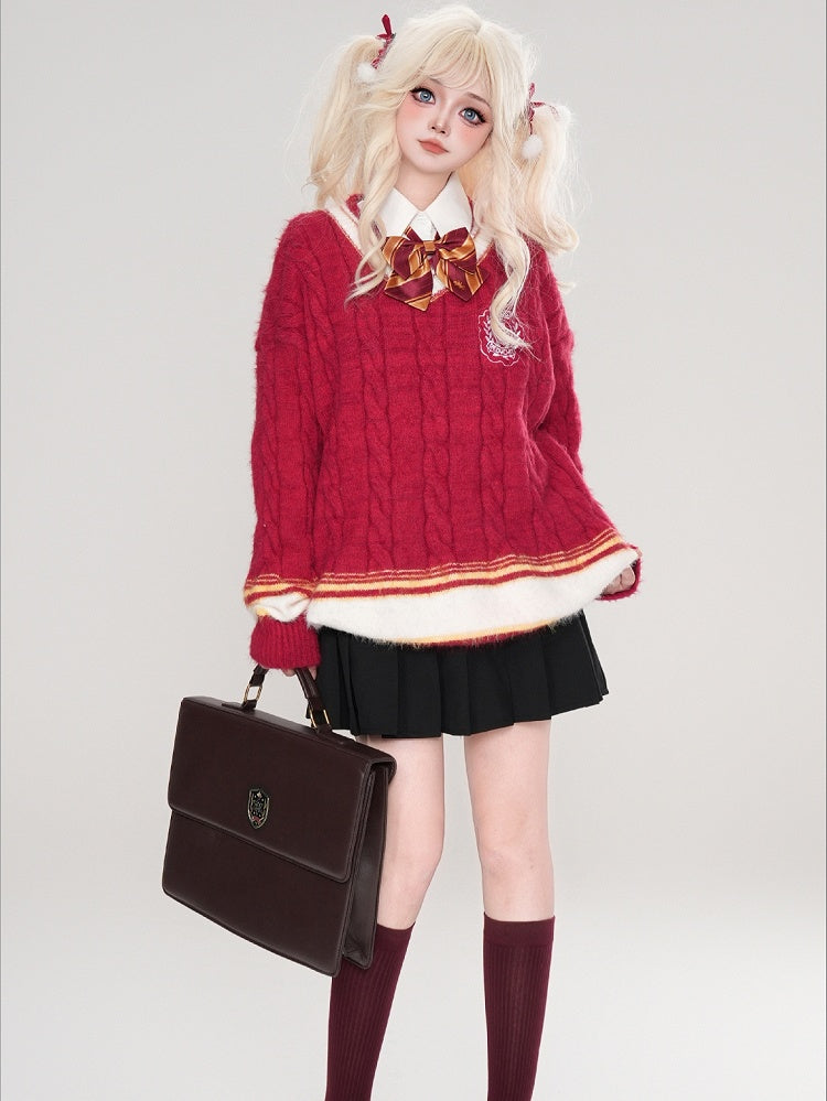 レッド/ブルー/ホワイト Vネック プレッピースタイル ルーズセーター