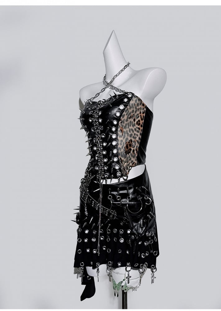 Black Halter Neck Leopard Pattern Stud Ring Corset Top