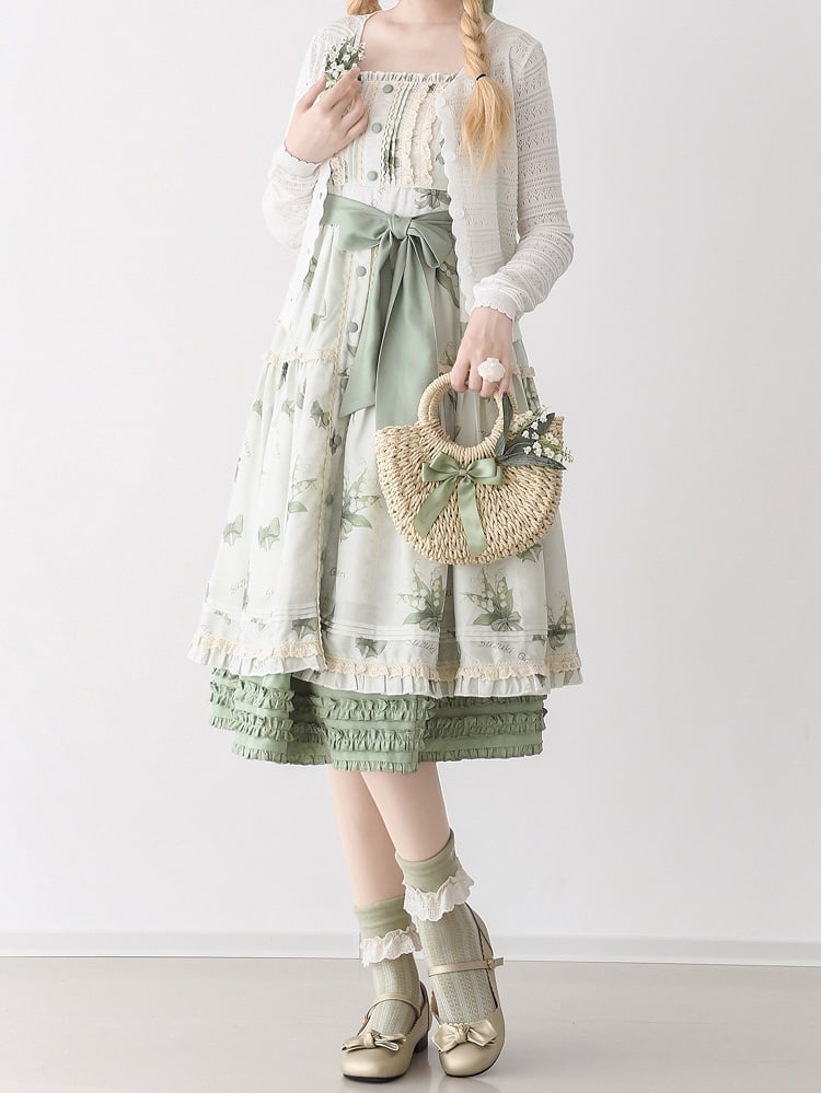 Lily of the Valley Print Light Green Summer Floral Dress Natural Kei Lolita Jumper Skirt