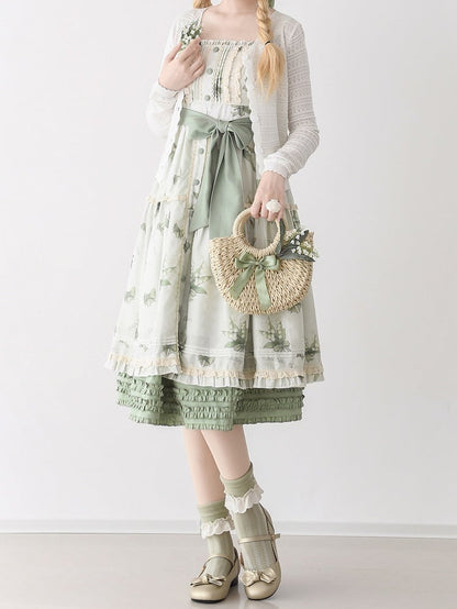 Lily of the Valley Print Light Green Summer Floral Dress Natural Kei Lolita Jumper Skirt