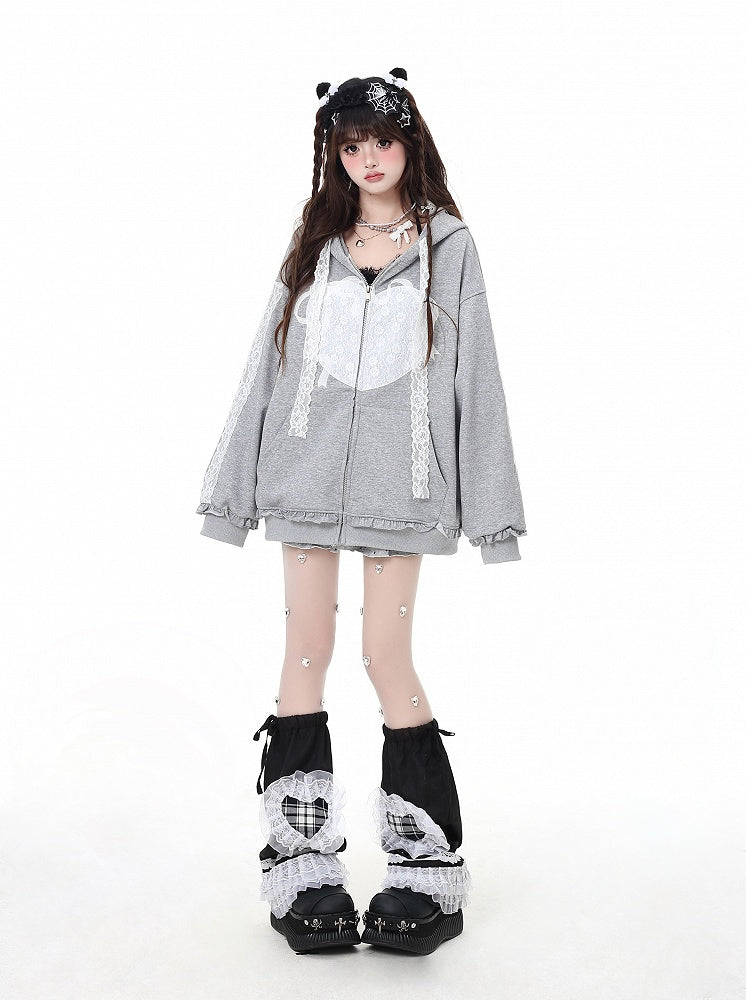 Light Gray Lace Applique Ruffled Trim Zip Closure Hoodie