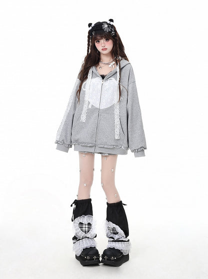 Light Gray Lace Applique Ruffled Trim Zip Closure Hoodie