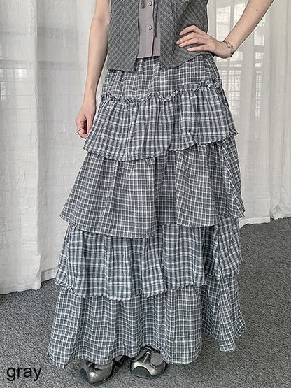 Two Tone Plaid Layered Ruffle Skirt - Solkatt