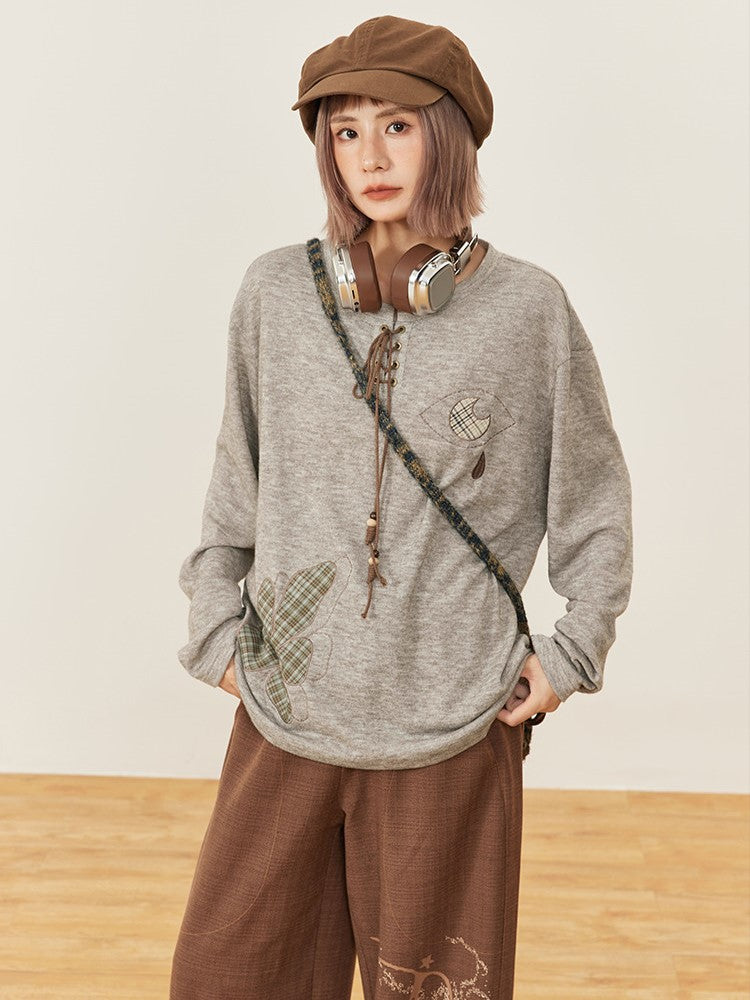 Gray Long Lace-up Shirt Embroidery Sleeve - Tie Patch Vintige Decorated Flower