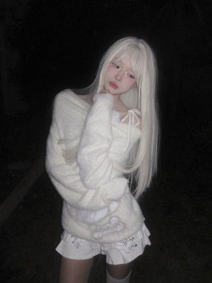 with Plush Pink Sweater Bow Off-Shoulder Beige Kawaii Puppy Details Bell