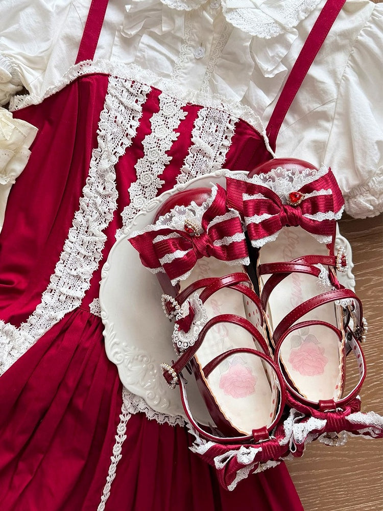 Red Lolita Heart Crystal Bow Lace Platform Shoes - Sheep Puff