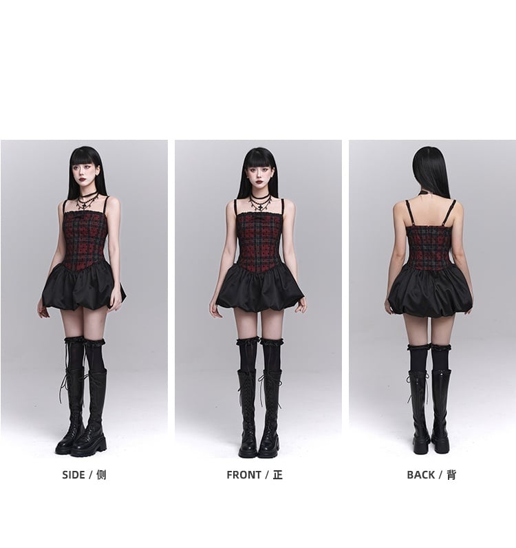 Rot kariertes Mini-Cummikleid mit baskischer Taille und Ballonrock