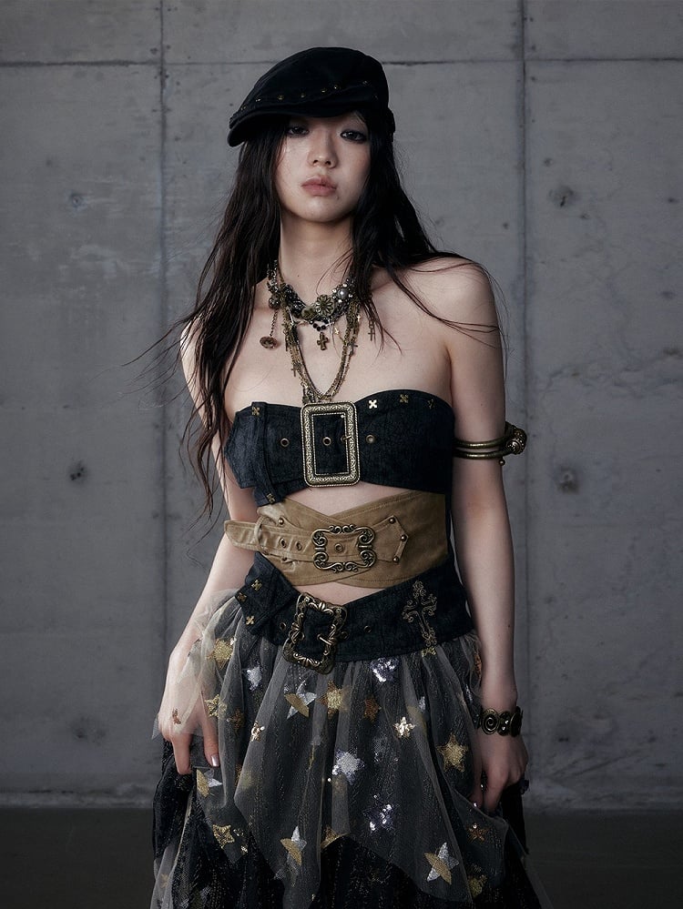 Punk Rococo Yellow Three-Strap Cross Metal Buckles with Black Embroidery Bustier