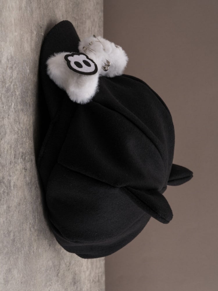 Applique Beret Bone Pin Cat Hat Plush Skeleton Design Decorated Ear Gothic Black