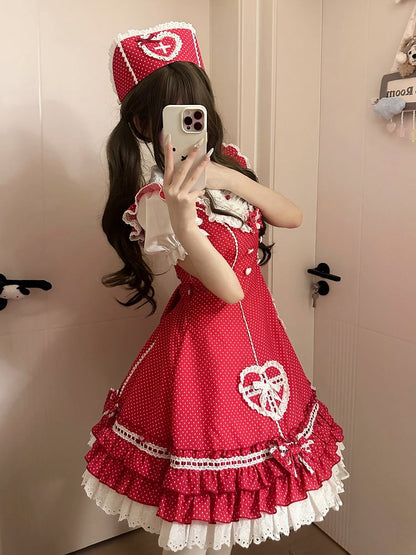 Rüschenmuster Saum Lagenkleid Polka-dot Lolita Red Nurse
