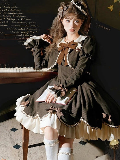 OP Boned Two-Piece Fake Cute Brown Long-Sleeve Lolita Dress