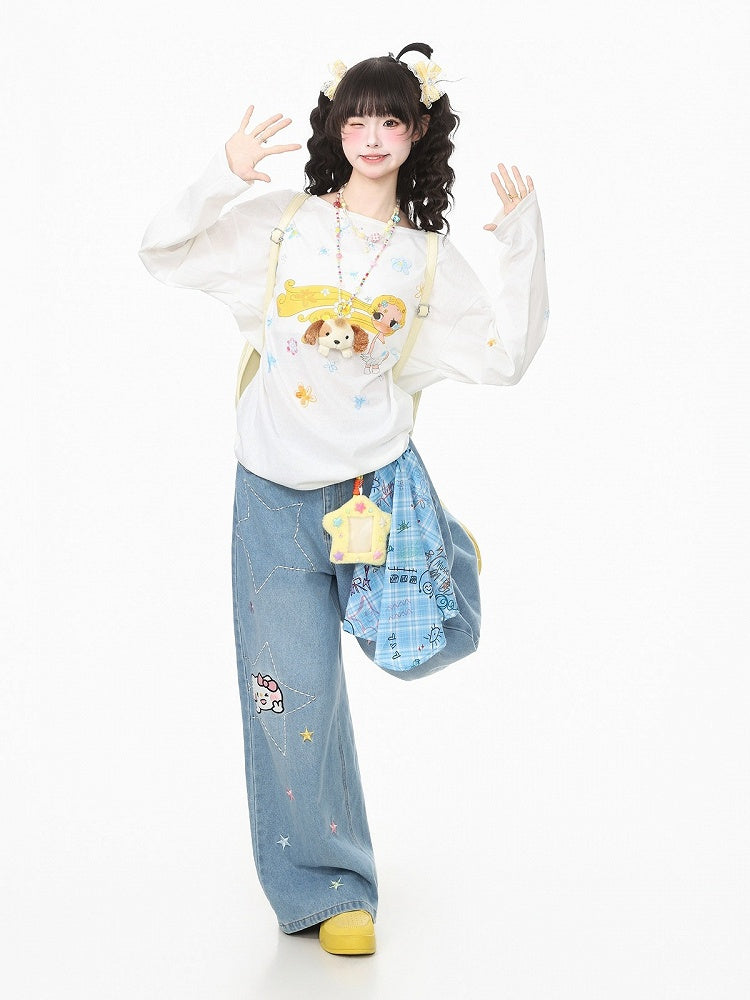 White Breathable Long Sleeve Top with Cartoon Girl Print - Languid Park