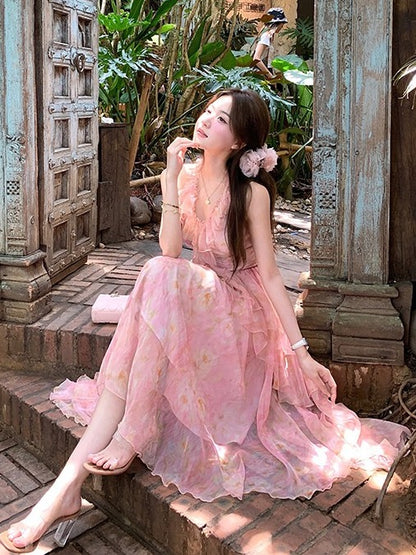 Pink Oil Painting Print Ruffle Trim Summer Holiday Dress - Qchiwawameme